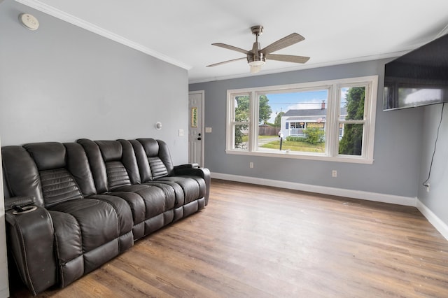 95 Webber Ave, Lewiston, ME 04240 - living area featuring ornamental molding, wood finished floors, and a ceiling fan