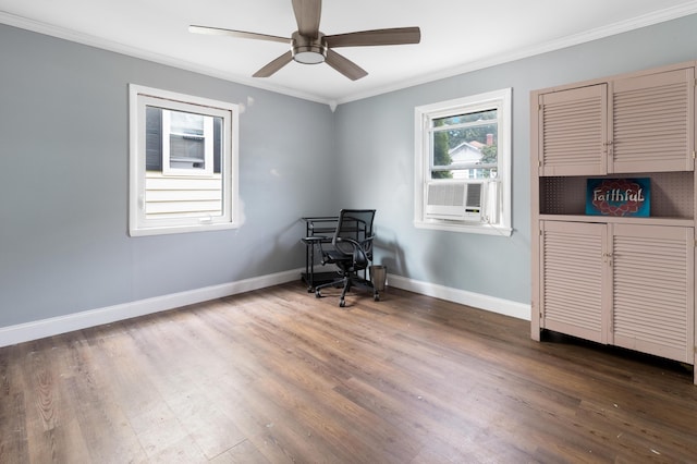 95 Webber Ave, Lewiston, ME 04240 - home office featuring ornamental molding, dark wood-style floors, ceiling fan, and cooling unit