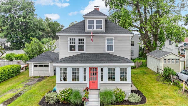 46 Haven Rd, South Portland, ME 04106 - view of front of property with entry steps, roof with shingles, an outdoor structure, and a garage