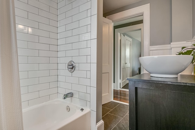 46 Haven Rd, South Portland, ME 04106 - full bath featuring shower / bathtub combination with curtain, vanity, and tile patterned flooring