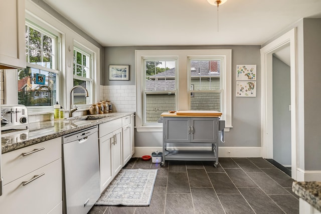 46 Haven Rd, South Portland, ME 04106 - kitchen featuring dishwasher, stone countertops, and white cabinets