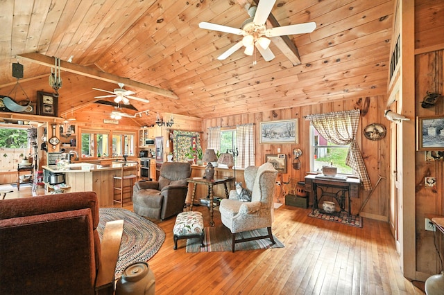 16 Brackett Rd, Dresden, ME 04342 - living room featuring a ceiling fan, wood walls, healthy amount of natural light, light wood-style floors, and wood ceiling