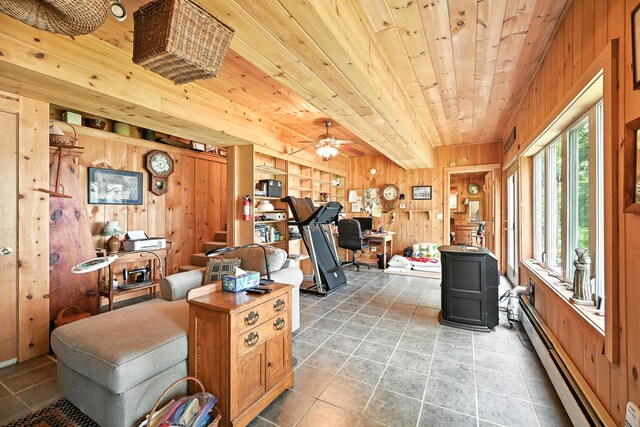 16 Brackett Rd, Dresden, ME 04342 - living area featuring wood walls, baseboard heating, wood ceiling, light tile patterned floors, and a wood stove