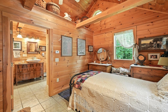 16 Brackett Rd, Dresden, ME 04342 - bedroom featuring light tile patterned floors, wooden walls, wooden ceiling, and a baseboard radiator