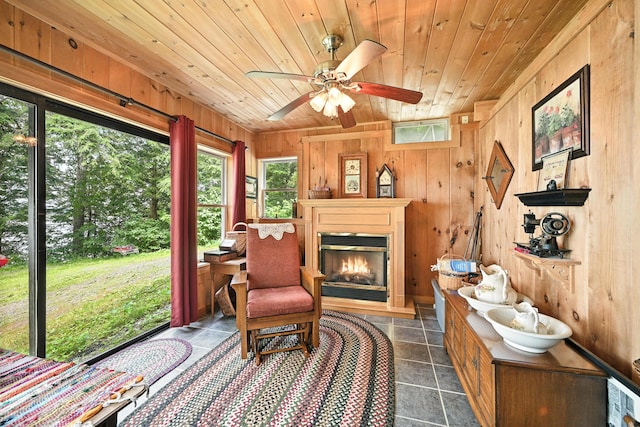 16 Brackett Rd, Dresden, ME 04342 - sitting room with wood ceiling, wood walls, a glass covered fireplace, and a ceiling fan