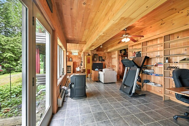 16 Brackett Rd, Dresden, ME 04342 - exercise area with wood ceiling, dark tile patterned flooring, a ceiling fan, and wooden walls