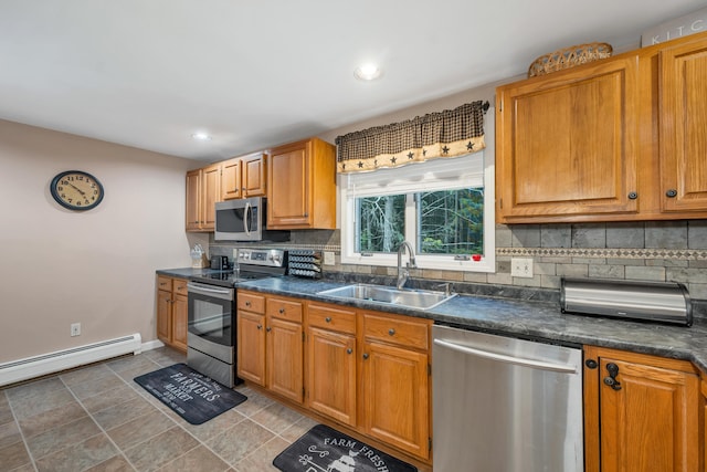 125 Deer Ridge Dr, Barrington, NH 03825 - kitchen with appliances with stainless steel finishes, decorative backsplash, dark countertops, brown cabinetry, and recessed lighting
