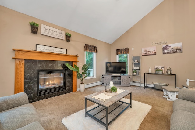 125 Deer Ridge Dr, Barrington, NH 03825 - carpeted living area with a tile fireplace, high vaulted ceiling, and baseboard heating