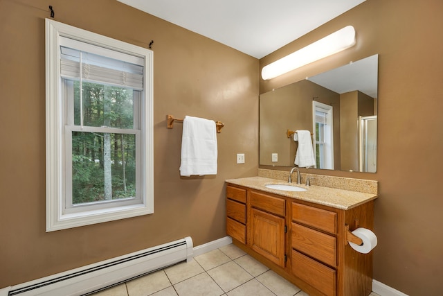 125 Deer Ridge Dr, Barrington, NH 03825 - bathroom with a baseboard radiator, vanity, tile patterned floors, and a shower stall
