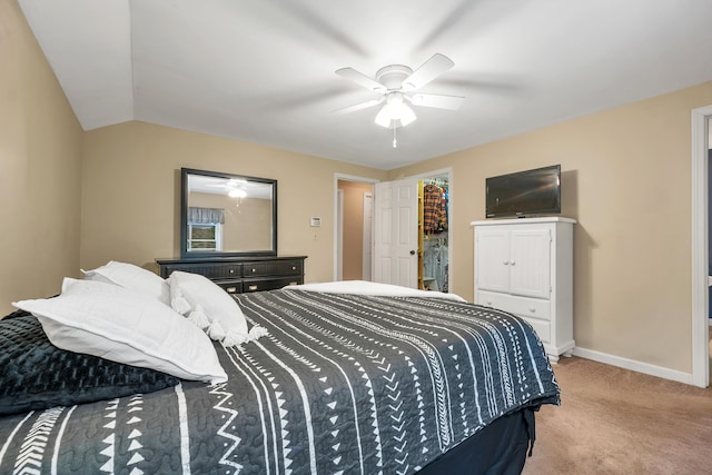 125 Deer Ridge Dr, Barrington, NH 03825 - bedroom with light carpet, a ceiling fan, and lofted ceiling