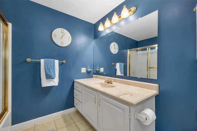 125 Deer Ridge Dr, Barrington, NH 03825 - full bathroom featuring a shower with door, tile patterned floors, and vanity