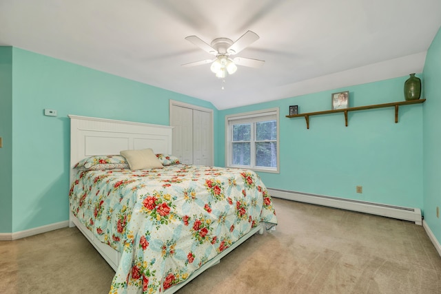 125 Deer Ridge Dr, Barrington, NH 03825 - bedroom featuring a baseboard radiator, carpet flooring, a closet, and ceiling fan