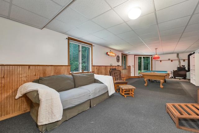 125 Deer Ridge Dr, Barrington, NH 03825 - recreation room featuring a wainscoted wall, healthy amount of natural light, wooden walls, billiards table, and carpet floors