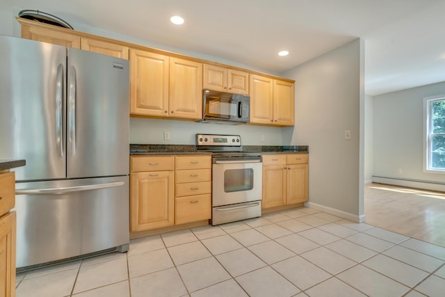 8 Woodside Dr Unit 1, Gorham, ME 04038 - kitchen featuring stainless steel appliances, light brown cabinetry, recessed lighting, a baseboard radiator, and light tile patterned floors