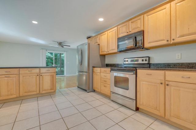 8 Woodside Dr Unit 1, Gorham, ME 04038 - kitchen featuring appliances with stainless steel finishes, light brown cabinets, a ceiling fan, and recessed lighting