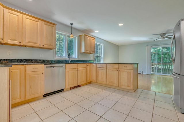 8 Woodside Dr Unit 1, Gorham, ME 04038 - kitchen featuring appliances with stainless steel finishes, light brown cabinets, recessed lighting, ceiling fan, and a peninsula