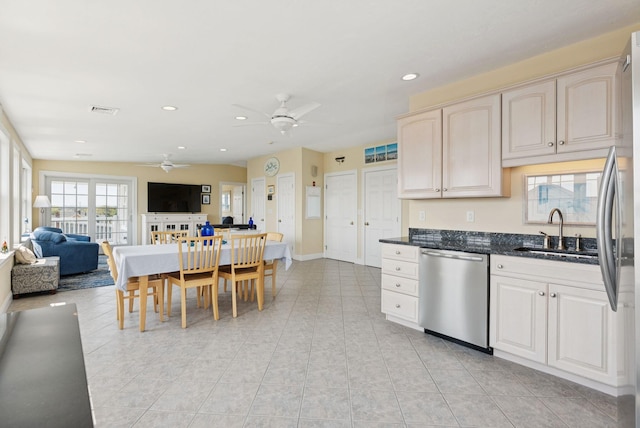 42 Rachel Carson Ln, Wells, ME 04090 - kitchen featuring stainless steel appliances, a ceiling fan, open floor plan, light tile patterned floors, and recessed lighting