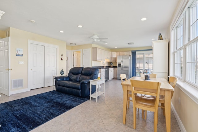 42 Rachel Carson Ln, Wells, ME 04090 - dining space featuring light tile patterned floors, ceiling fan, and recessed lighting