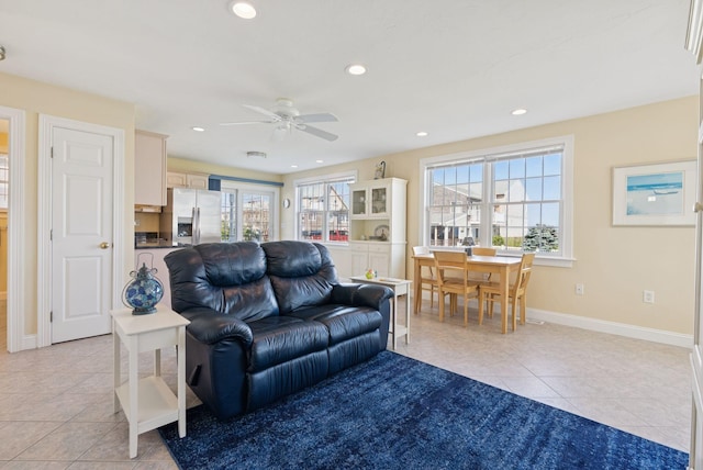 42 Rachel Carson Ln, Wells, ME 04090 - living area featuring light tile patterned floors, ceiling fan, and recessed lighting