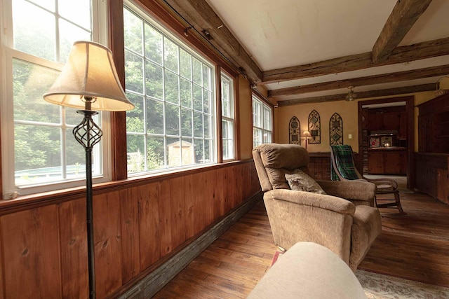 32 Williams Rd, Chelsea, ME 04330 - sitting room with hardwood / wood-style floors, plenty of natural light, wood walls, beam ceiling, and wainscoting