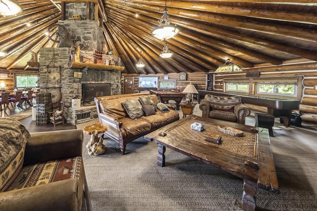 1 Zella Is Unit T14 R8, Wels, ME 04768 - carpeted living room with log walls and wood ceiling
