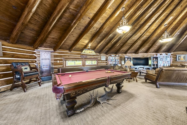 1 Zella Is Unit T14 R8, Wels, ME 04768 - recreation room featuring rustic walls, carpet flooring, wooden ceiling, and billiards