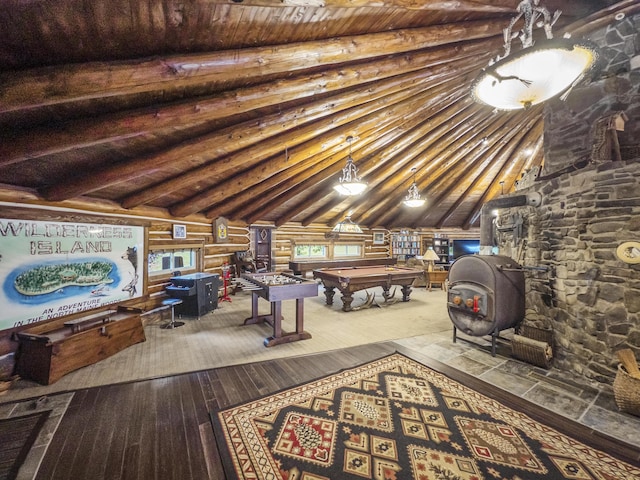 1 Zella Is Unit T14 R8, Wels, ME 04768 - rec room with pool table, hardwood / wood-style flooring, a wood stove, wooden ceiling, and oil tank