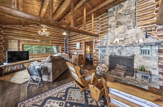 1 Zella Is Unit T14 R8, Wels, ME 04768 - living room with log walls, hardwood / wood-style floors, a wooden ceiling with exposed beams, a chandelier, and high vaulted ceiling