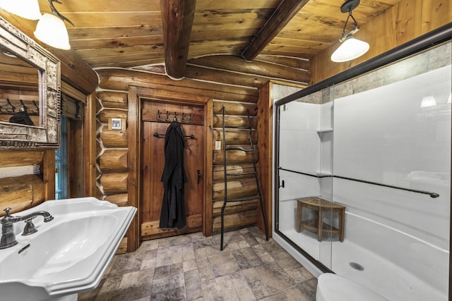 1 Zella Is Unit T14 R8, Wels, ME 04768 - bathroom featuring wood ceiling, log walls, a stall shower, and stone finish floors