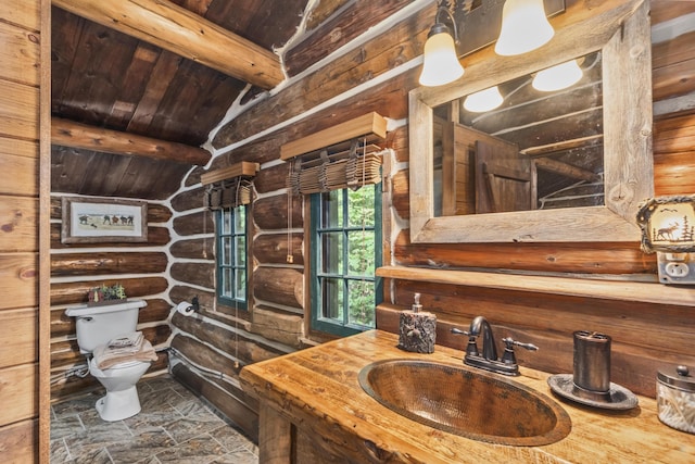 1 Zella Is Unit T14 R8, Wels, ME 04768 - bathroom featuring log walls, wood ceiling, vanity, and stone finish floors
