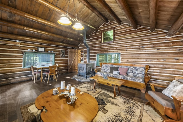 1 Zella Is Unit T14 R8, Wels, ME 04768 - living room with a wood stove, log walls, hardwood / wood-style flooring, and wood ceiling