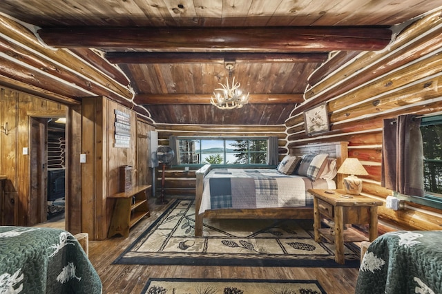 1 Zella Is Unit T14 R8, Wels, ME 04768 - bedroom featuring wood ceiling, hardwood / wood-style flooring, a chandelier, and rustic walls