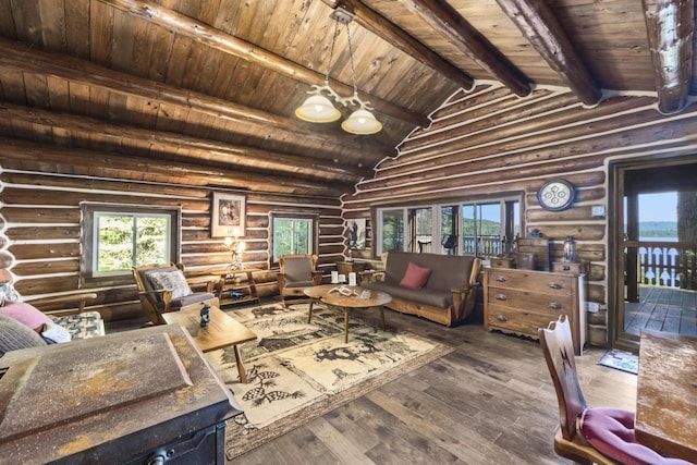 1 Zella Is Unit T14 R8, Wels, ME 04768 - living area with wood ceiling, healthy amount of natural light, rustic walls, and hardwood / wood-style floors