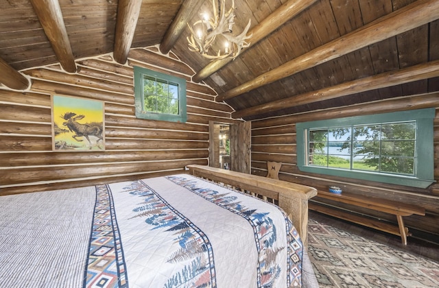 1 Zella Is Unit T14 R8, Wels, ME 04768 - bedroom with wood ceiling, rustic walls, and wood finished floors