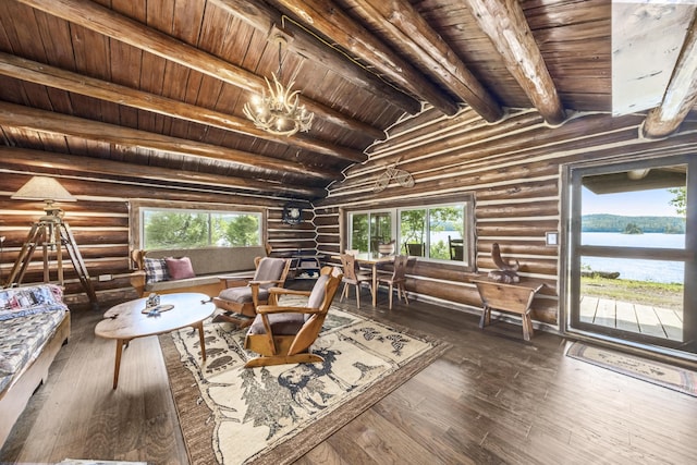 1 Zella Is Unit T14 R8, Wels, ME 04768 - living area featuring log walls, wood-type flooring, wood ceiling, and a water view