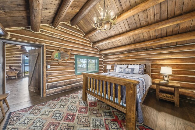 1 Zella Is Unit T14 R8, Wels, ME 04768 - bedroom featuring log walls, a chandelier, hardwood / wood-style floors, and wood ceiling
