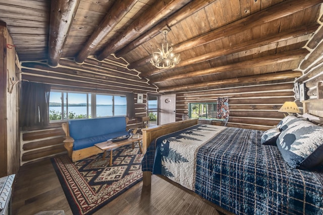 1 Zella Is Unit T14 R8, Wels, ME 04768 - bedroom featuring rustic walls, hardwood / wood-style floors, wooden ceiling, a chandelier, and a water view