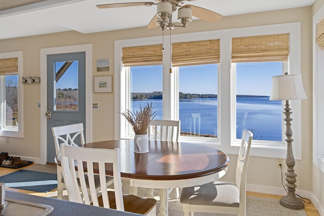 74 Spindle Rd, Ellsworth, ME 04605 - dining space featuring a ceiling fan and a water view