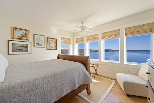 74 Spindle Rd, Ellsworth, ME 04605 - bedroom featuring hardwood / wood-style flooring, a water view, and ceiling fan