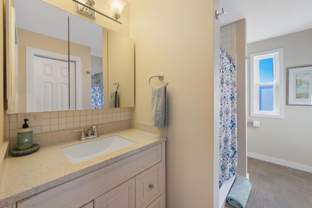 74 Spindle Rd, Ellsworth, ME 04605 - full bathroom featuring vanity, tasteful backsplash, and a shower with curtain