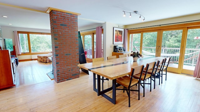 93 Hopkins Rd, Hampden, ME 04444 - dining room featuring french doors, light wood-style flooring, healthy amount of natural light, recessed lighting, and decorative columns