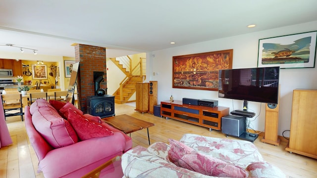 93 Hopkins Rd, Hampden, ME 04444 - living room featuring stairs, hardwood / wood-style floors, and recessed lighting