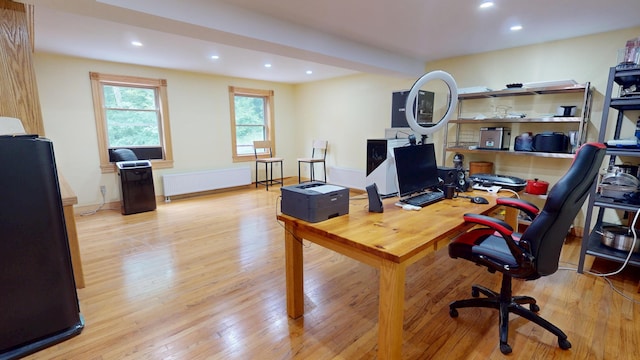 93 Hopkins Rd, Hampden, ME 04444 - office area featuring radiator, recessed lighting, and wood finished floors