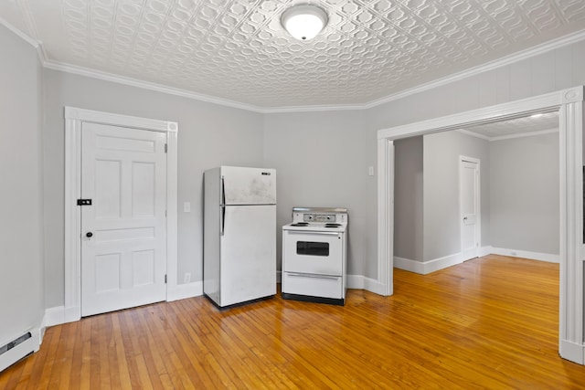 13 Newman St, Lewiston, ME 04240 - kitchen featuring white appliances, a baseboard radiator, light wood-style flooring, an ornate ceiling, and crown molding