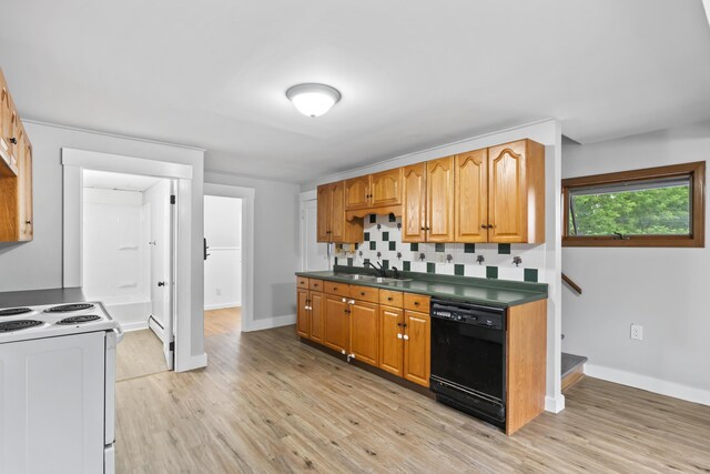 13 Newman St, Lewiston, ME 04240 - kitchen with dishwasher, white electric range, light wood-type flooring, and dark countertops