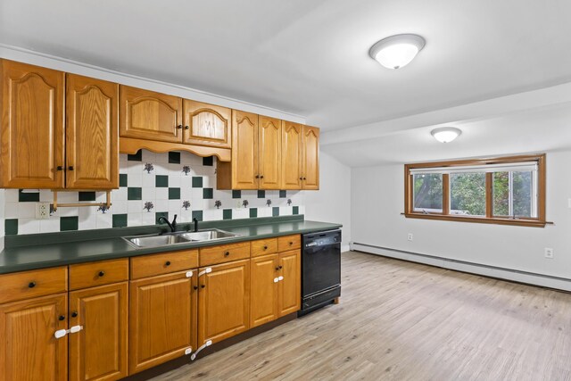 13 Newman St, Lewiston, ME 04240 - kitchen featuring dishwasher, baseboard heating, dark countertops, backsplash, and light wood-style flooring