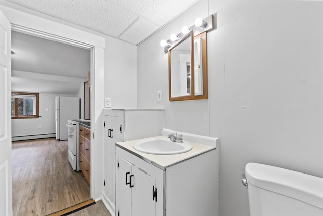 13 Newman St, Lewiston, ME 04240 - half bathroom featuring vanity, wood finished floors, a paneled ceiling, and a baseboard radiator