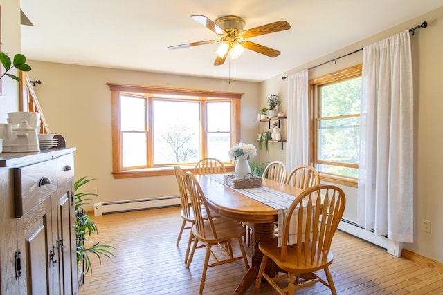 119 Merritt Rd, Steuben, ME 04680 - dining space featuring baseboard heating, light wood finished floors, and ceiling fan