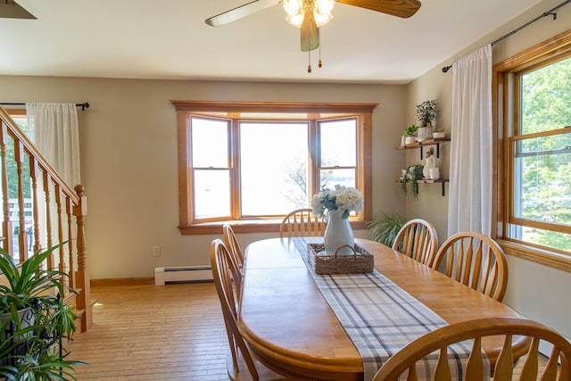 119 Merritt Rd, Steuben, ME 04680 - dining room featuring baseboard heating, ceiling fan, and light wood-type flooring