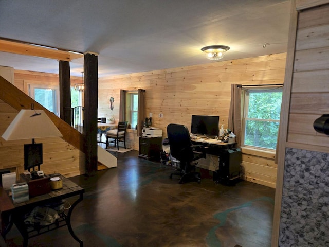 340 Campground Rd, Anson, ME 04958 - office area with wood walls, plenty of natural light, and finished concrete floors